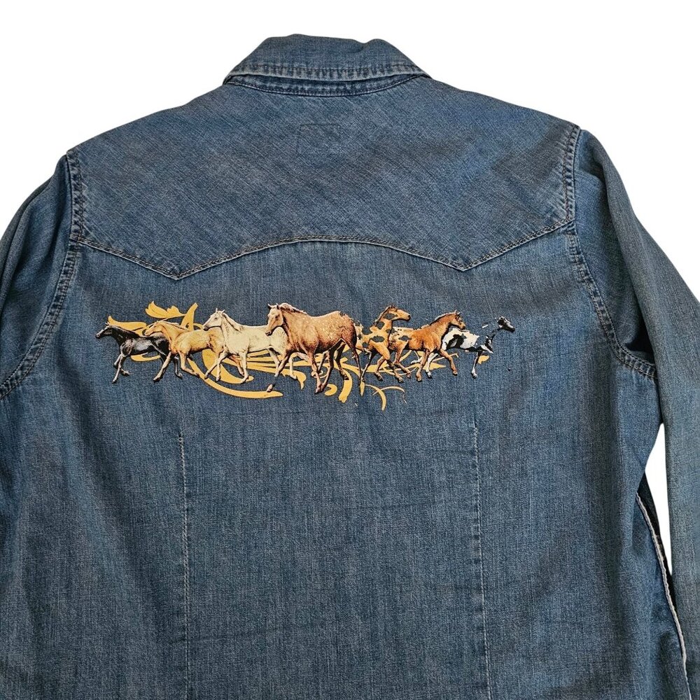 Gap 1969 Blue Horse Print Shoulder Side Pattern Trim Denim Western Shirt Size M - Picture 4 of 13